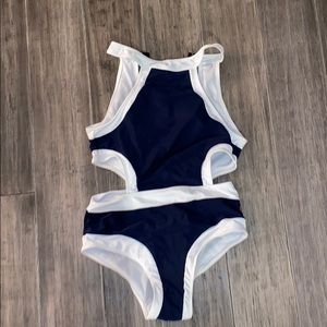 navy blue and white bathing suit